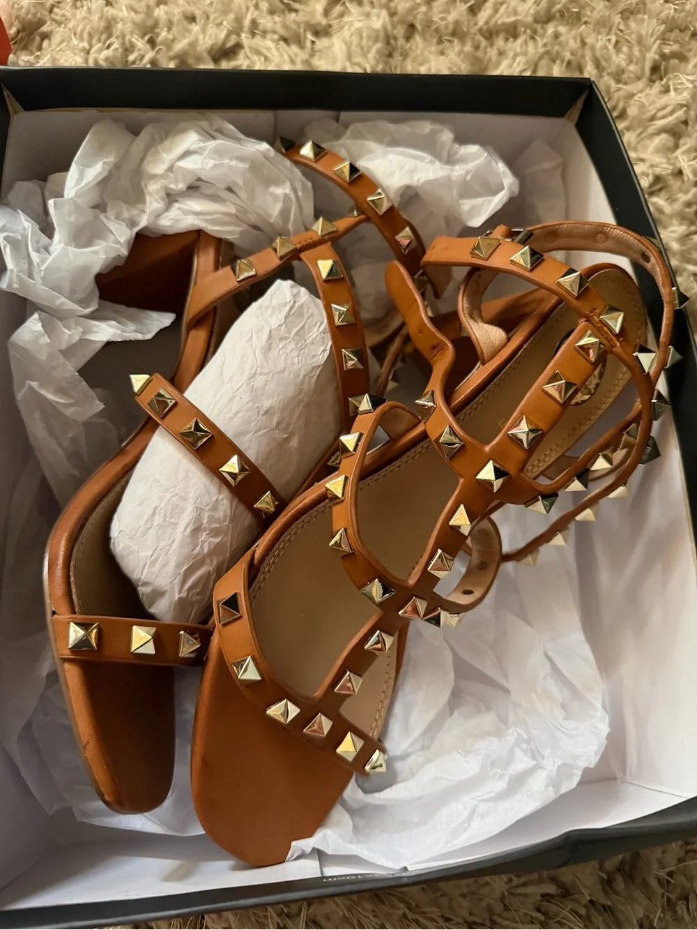 Pyramid Studded Tan Leather Strappy Heel Sandal
